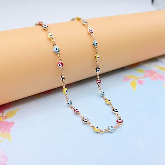 Colorful Evil Eye Rose Gold Necklace, 18 Inch, Gold Plated Brass, XPNL0102 - Picture 3 of 12